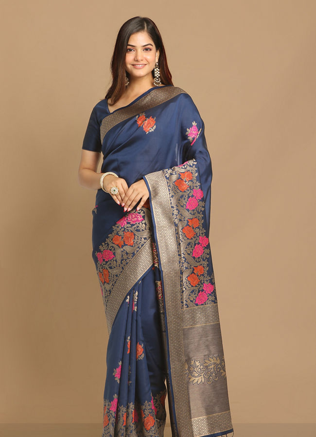 alt message - Mohey Women Trendy Indigo Blue Saree image number 0